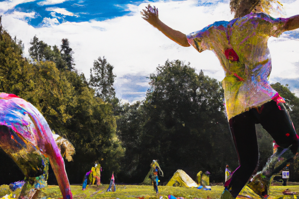 Dall E „Kinder machen Actionpainting und hüpfen in die Luft“